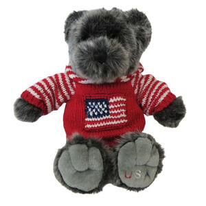 Dillards Patriotic USA Bear Plush Smoky Grey 16" Flag Knitted Sweater Hoodie